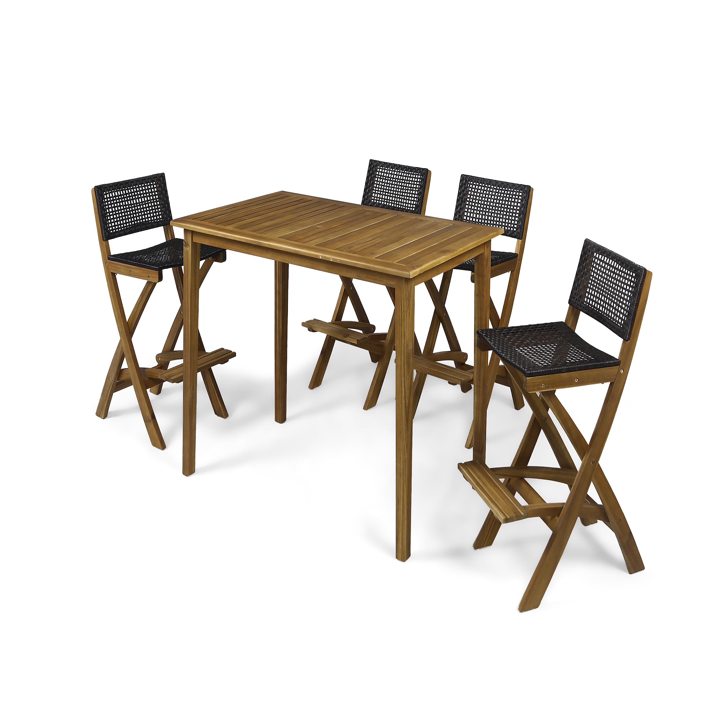 Polaris Outdoor Rectangular 5-Pc Wood and Wicker Bar Height Set Natural/Brown